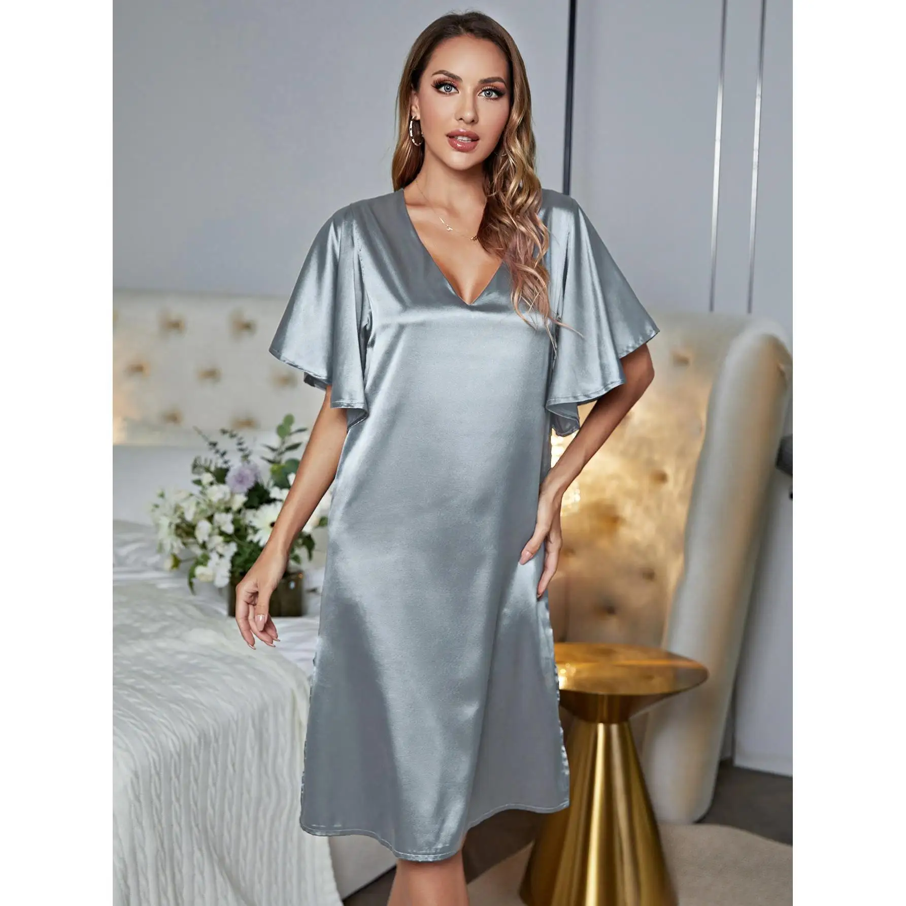 Women Solid Sleepdress Sexy V-Neck Nightgown Satin Sleepwear Summer Home Dressing Gown Lady Loose Nightwear Intimate Lingerie