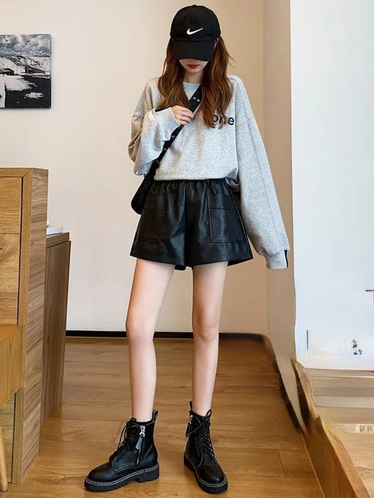 

2022 Faux Leather Shorts Women Elastic High Waist Wide Leg Shorts Fashion Autumn Casual Ladies Sexy Leather Shorts Femme T357