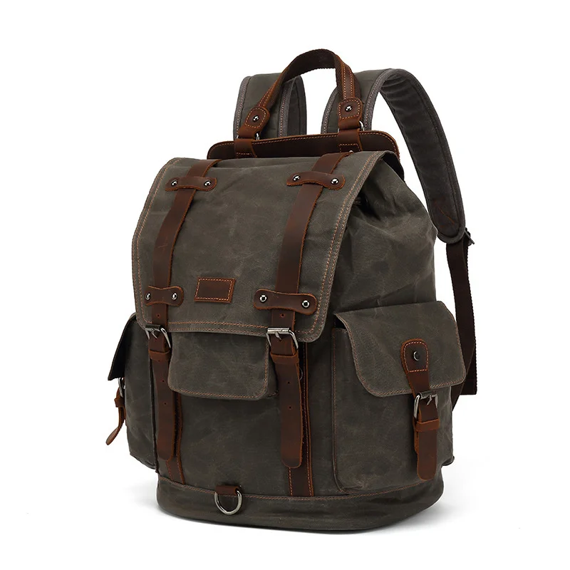 

vintage canvas leather waterproof backpack travel mochila masculina Rucksack men waxed Laptop Bagpack