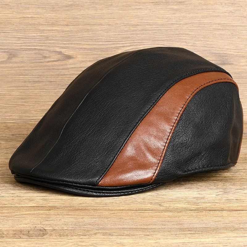 

For Genuine Leather Peaked Caps Men Women Winter Unisex Casual Thin Berets Western Black Brown Patchwork Soft Fitted Boina Homme