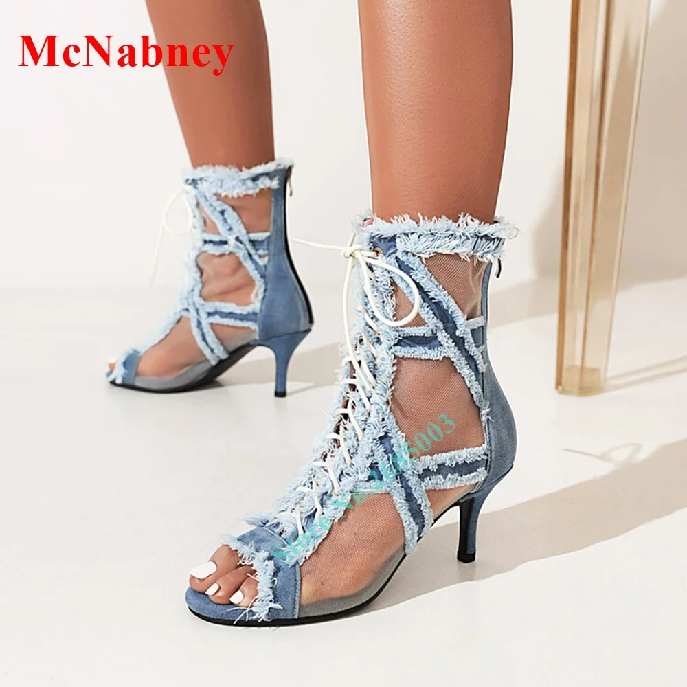 

Peep Toe Denim Mesh Ankle Boots Sandals Thin Med Heel Back Zipper Lace Up Cross Tied Sandals Women Shoes Summer Party Dress New