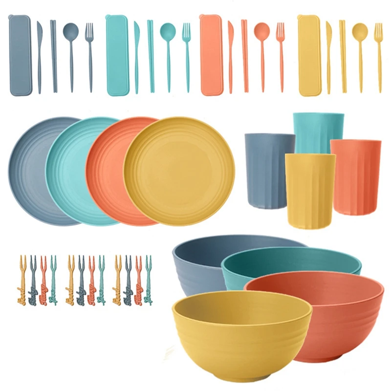 

44PCS Wheat Straw Tableware Bowls Cups Plates Cutlery Eco-Friendly Kitchen Bowls Cups Plates Cutlery Fork Spoon