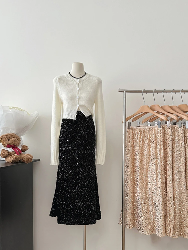 

Женская Блестящая юбка с блестками, Корейская трапециевидная юбка в стиле ретро, модель Y2K на осень и зиму
