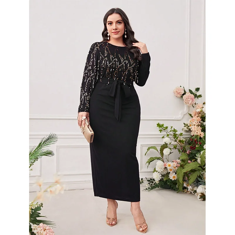 Plus Size Round Neck Stretch Sequins Shiny Elegant Bodycon Dress 4XL5XL Long Sleeves Black Party Commuting Fashion Midi Dresses
