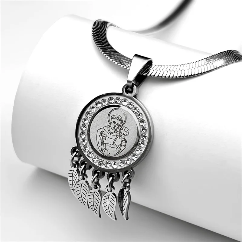 Девы Марии держит детский лист с кисточкой и кристаллами кулон ожерелье для