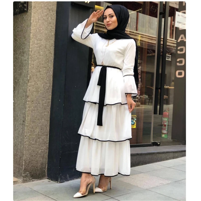 

Fashion Muslim Woman Abaya Crewneck Flared Sleeves Women's Clothing Islamic Dresses Cake Long Dress Sash Free Shipping Turkey