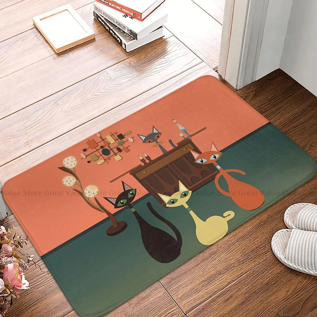 

Mid Century Meow Black Cat Non-Slip Carpet A Blonde A Brunette And A Redhead Living Room Mat Welcome Doormat Floor Decor Rug
