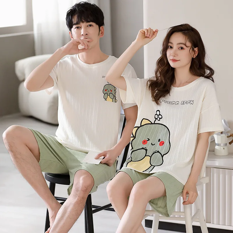 Summer Couple Pajamas Short-sleeved Cotton Thin Sleepwear Simple Casual Comfortable Two-piece Suits Women Men Home Wear Sets