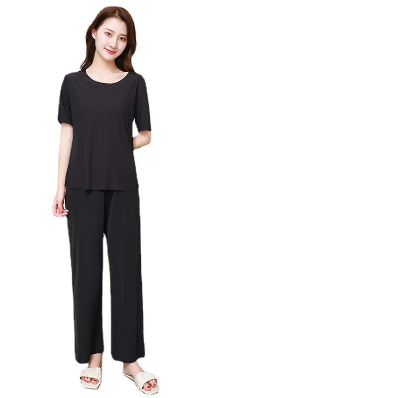 Suit Sleepwear Women Short-Sleeved Trousers Pajamas Homewear Suit Women's Loose Ice Silk Short Sleeve Soft Wide-Leg Pants