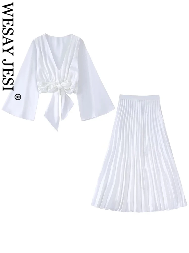 

WESAY JESI бант тонкая легкая плиссированная длинная юбка Женский комплект из двух предметов модный Премиум чистый белый Шелковый Атласный Жен...
