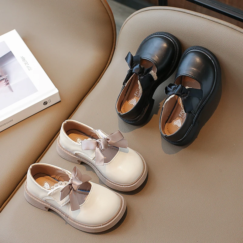 Бежевые Туфли Из Мягкой Кожи С Бантом Для Девочек 2–16 Лет Черная Модная Детская
