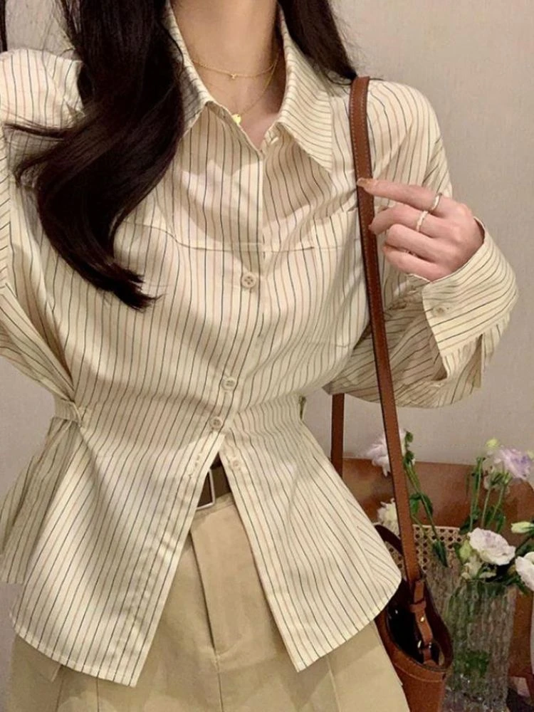 

ADAgirl Vertical Stripe Shirt Women Casual Button Slim Female Blouse Korean Fashion Aesthetic Clothes Spring Elegant Lady Tops