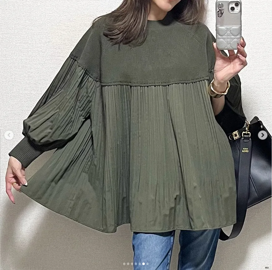 

Women's Knit Patchwork Folding Knit Shirt Top Japanese Fashion Autumn New Lantern Sleeve Pleated Blouse Loose Casual Pullover