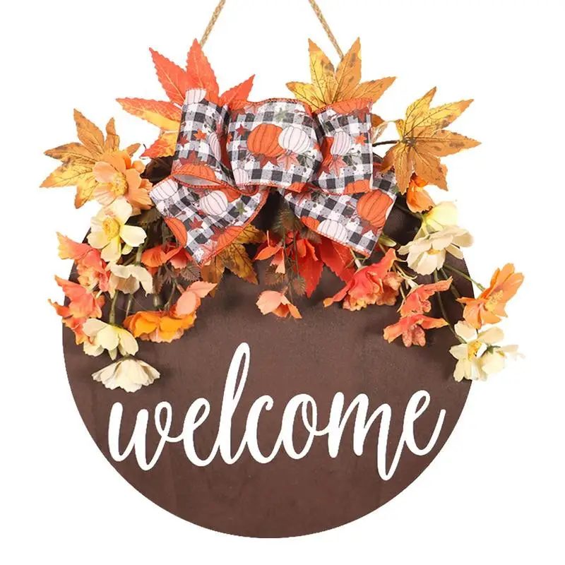 

Seasonal Welcome Sign Maple And Bowknot Seasonal Rustic Round Wood Wreaths Wall Hangings 30cm Round Wood Wreath Outdoor Seasonal