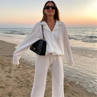 ladies shirt suits pleated notched single breasted female cardigan two piece loose shirts and high waist wide leg pants sets