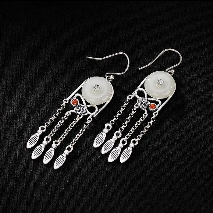 

Белые нефритовые серьги-кисточки с защитной пряжкой, серьги ностальгии из нефрита, женские длинные серьги в женском стиле, серьги с крючком