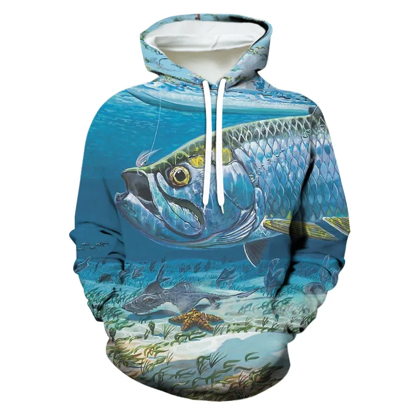 

Men 3D Sea Fish Graphic Women Hoodies Fishing Hooded Sweatshirts Long Sleeve Pullovers Breathable Hoodie Boy Girl Coat Tops