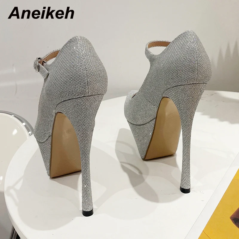 Aneikeh 2023 Sequins Leather Sexy Pointed en Ladies Platform Pumps High Heels Shoes for Women Summer Thin Heels Fashion Shoes