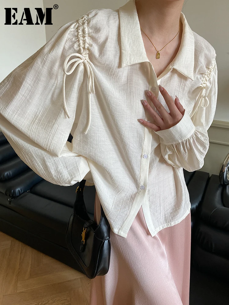 

[EAM] Женская белая тонкая блуза большого размера на завязках, новая свободная рубашка с длинными рукавами и отворотом, модная весенне-осення...