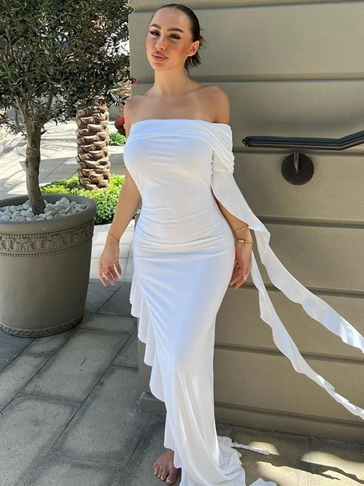 

Articat Sexy Split Pleated Irregular Dress Women's Strapless Sheath Ruffled Lace Dress Summer Party Club Eveningwear 2023 New