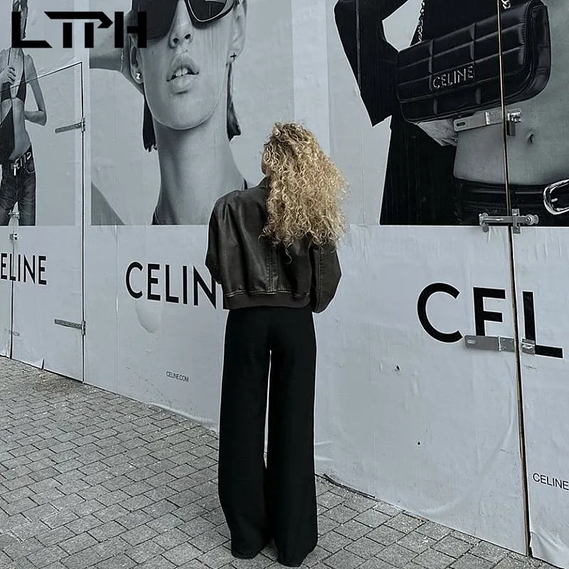 LTPH faux leather jacket women vintage zipper stand-up collar long sleeve coats streetwear casual jackets 2023 summer new