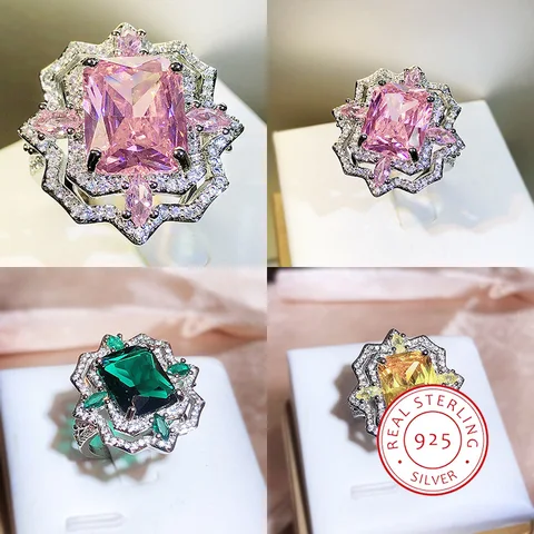 Изящное розовое/зеленое квадратное кольцо с бриллиантами женское роскошное высококачественное ювелирное изделие с желтыми бриллиантами модное универсальное серебро 925 пробы