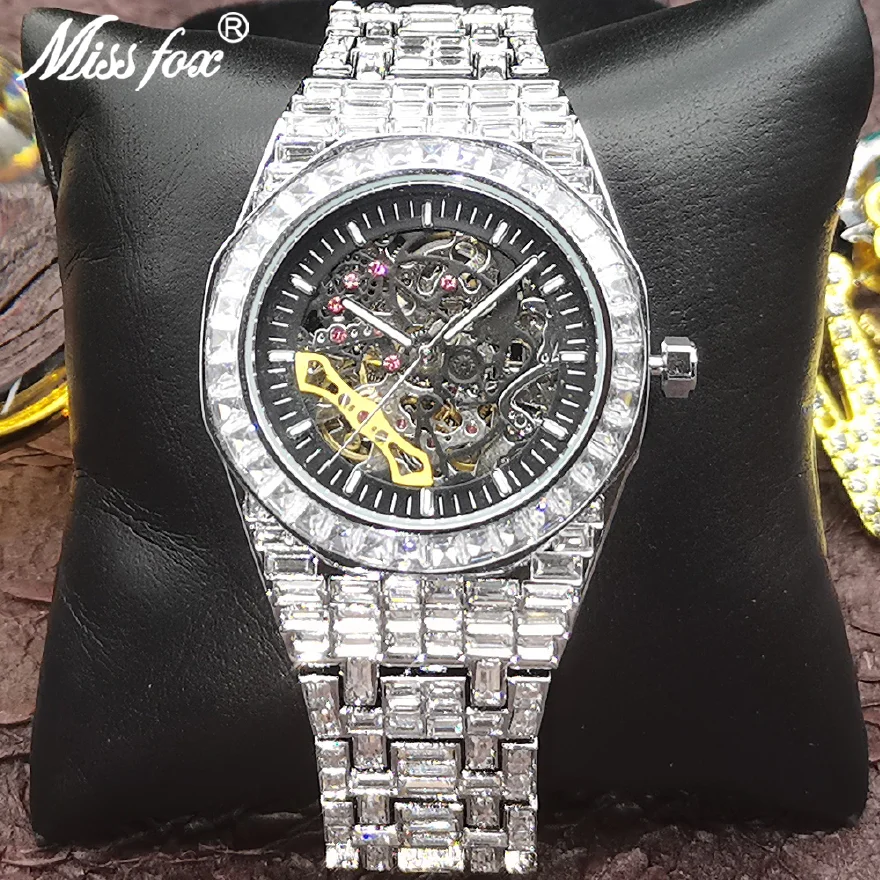 

Hip Hop MISSFOX Automatic Mechanical Men Watches Full Square Diamond Silver Bling Watch Tourbillon AAA Clocks Rel��gio Masculino