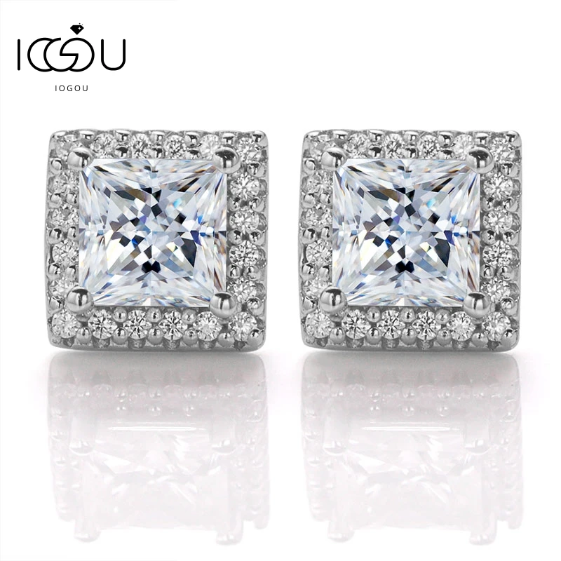IOGOU 925 Sterling Silver 4.5x4.5mm 0.6ct Princess Cut Moissanite Halo Stud Earrings For Women Girls Birthday Jewelry Gifts