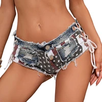 2022 summer new womens flag print sexy low waist holes bandage rip jeans shorts beach style