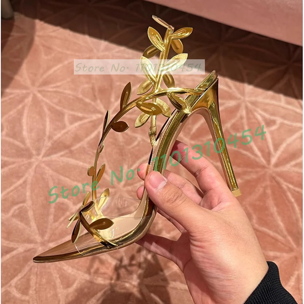 Босоножки женские с золотыми листьями шикарные сандалии на высоком каблуке