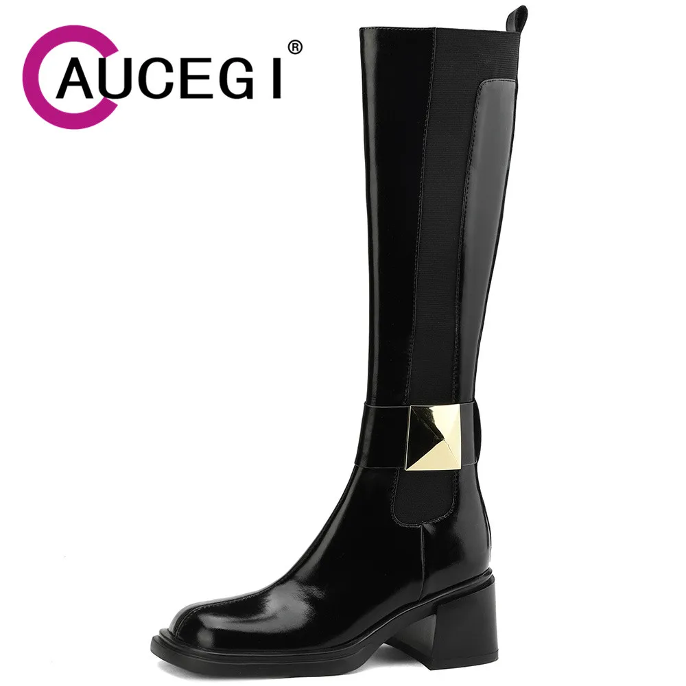 

Aucegi Luxury Fashion Ladies Genuine Leather Splicing Knitting Square Toe Knee High Boots Metal Rivet Chunky Heels Party Shoes