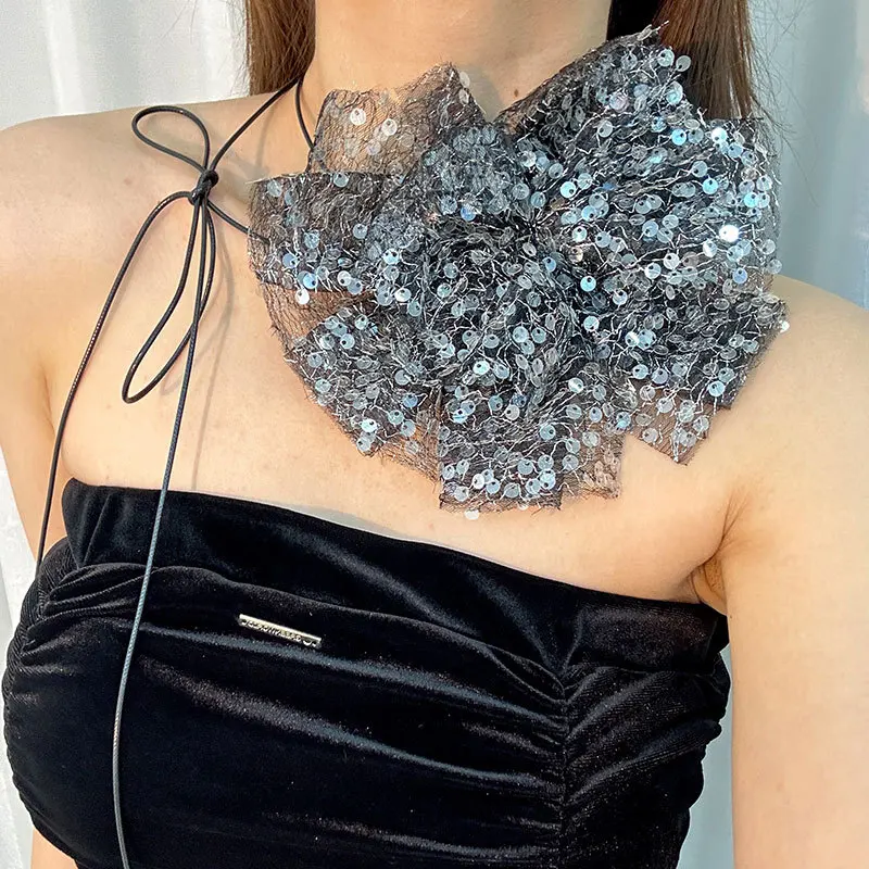Vintage Handmade Lace Sequins Bowknot Big Flower Clavicle Chain Necklace for Women Adjustable Choker Dinner Party Neck Jewelry