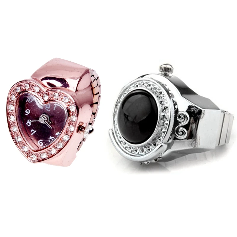 

2 Pcs 20Mm Finger Ring Watch: 1 Pcs Stretchy Agate Gem Finger Ring Watch Black Round & 1 Pcs Ring Watch Finger Watch Ring Rose G