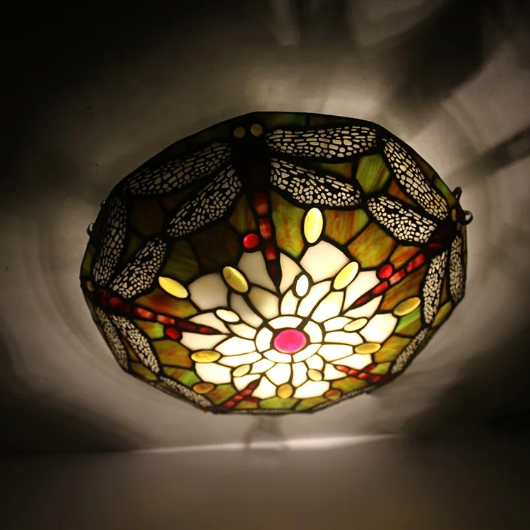 

LongHuiJing 12Inch Stained Glass Lampshade Tiffany Style Flush Mount Ceiling Light Lighting Chandelier Fixture Lamp