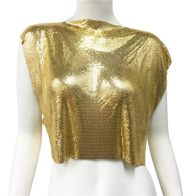 Женская модная блестящая металлическая футболка весна-лето 2023 жилет в стиле панк