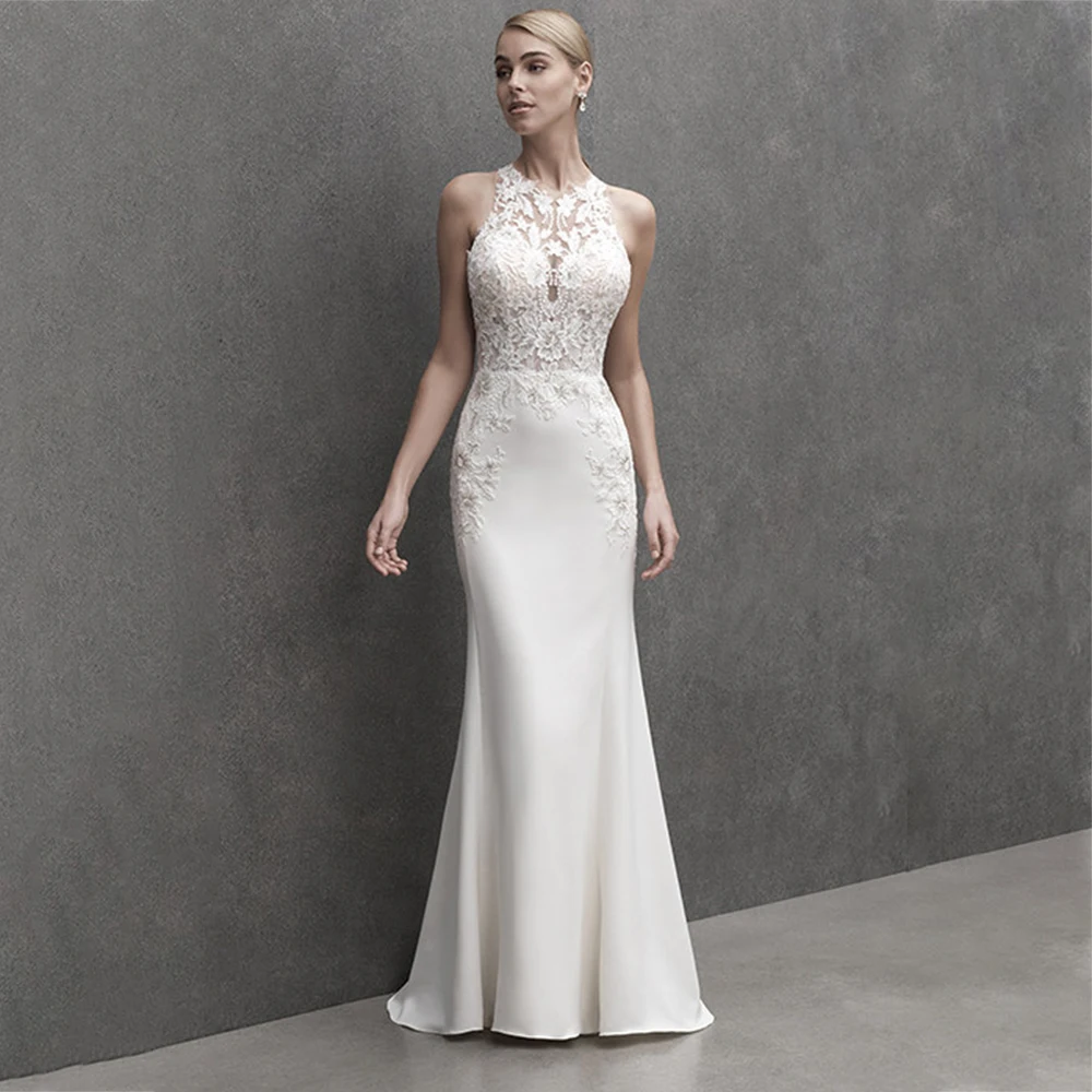 

UETEEY Sexy Wedding Dresses Buttons Back Sweep Train With Appliques Charming Sleeveless O-Ncek Long Mermaid Bride Gown 2022