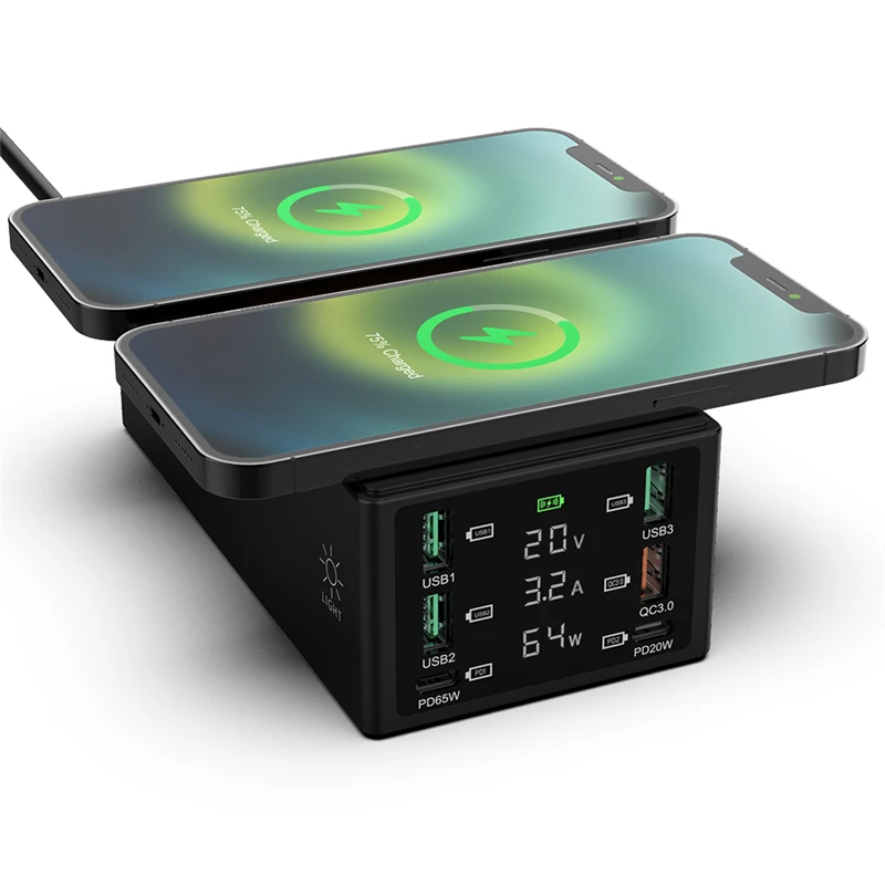 

150W Multi USB Charger Hub 65W PD3.0 QC4.0 3.0 FCP Fast Charging Station Dual QI Wireless Charger Dock for iPhone 13 iPad Laptop