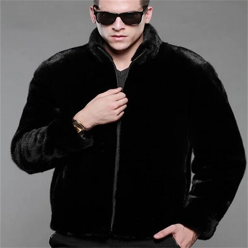 

Stand collar warm faux Imitation mink fur coat mens leather jacket men coat villus winter loose thermal england outerwear black