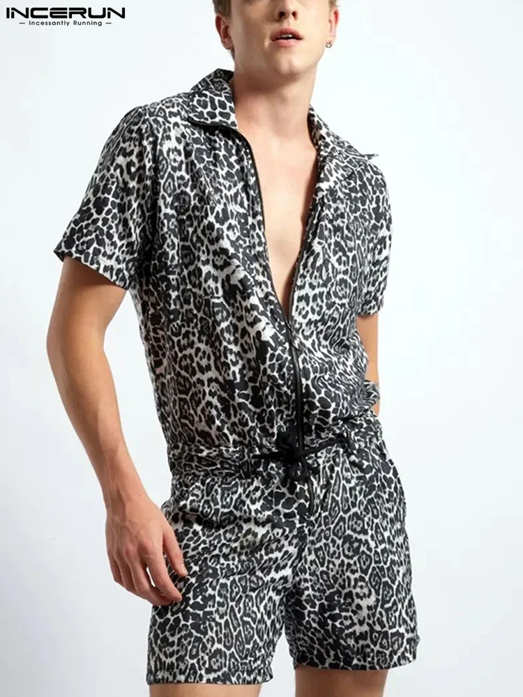 INCERUN American 2022 New Men Fashion Leopard Printing Pattern Rompers Fashion Male Zipper Lace-up Short Sleeve Jumpsuits S-5XL