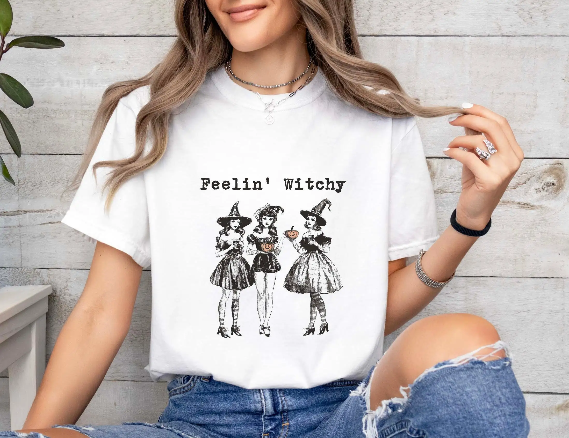 Футболка в стиле ретро Feelin Witchy на Хэллоуин вечерние потные ведьмы Vibes S жуткий