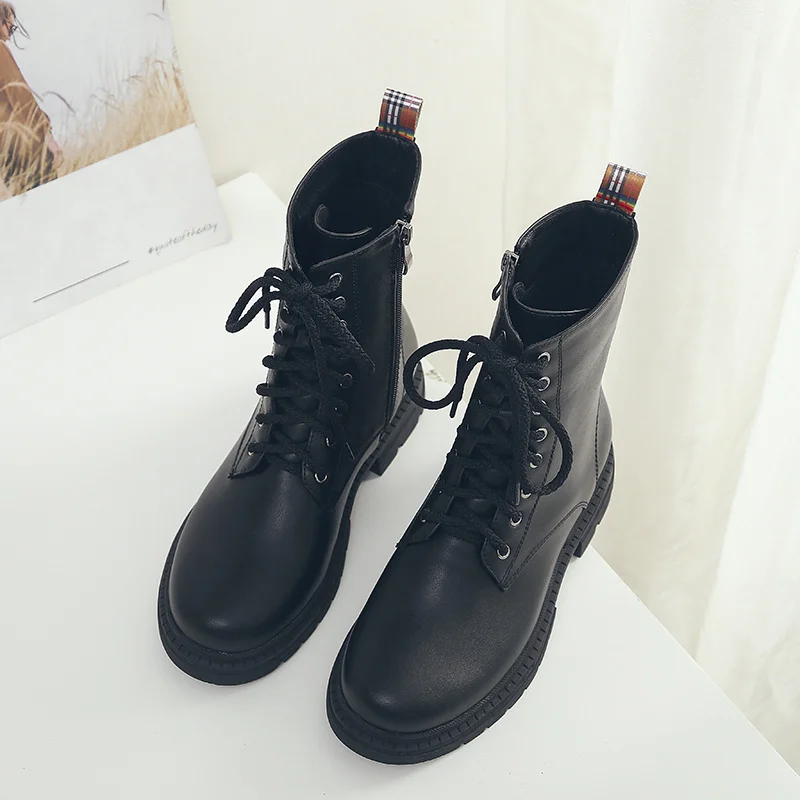

Motorcycle Black Boots For Female Lace-up Flat With Ladies Shoes Round Toe Women Autumn Winter Ankle Casual Boots 2021 New