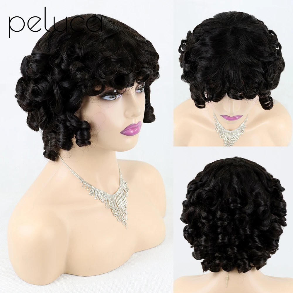 Curly Fumi Human Hair Wig With Bangs Full Machine Made Deep Wave Short Bob Water Brazilian Pixie Cut For Black Women