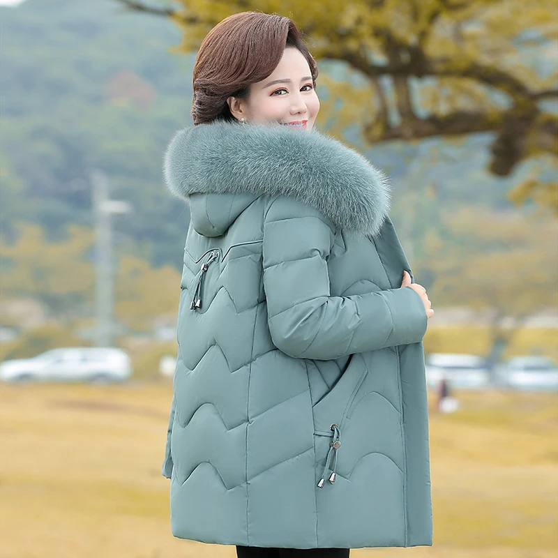 Middle Aged Women Thick Down Padded Cotton Jacket New Fashion Hooded Fur Collar Parkas Women Winter Jacket Coat Outerwear