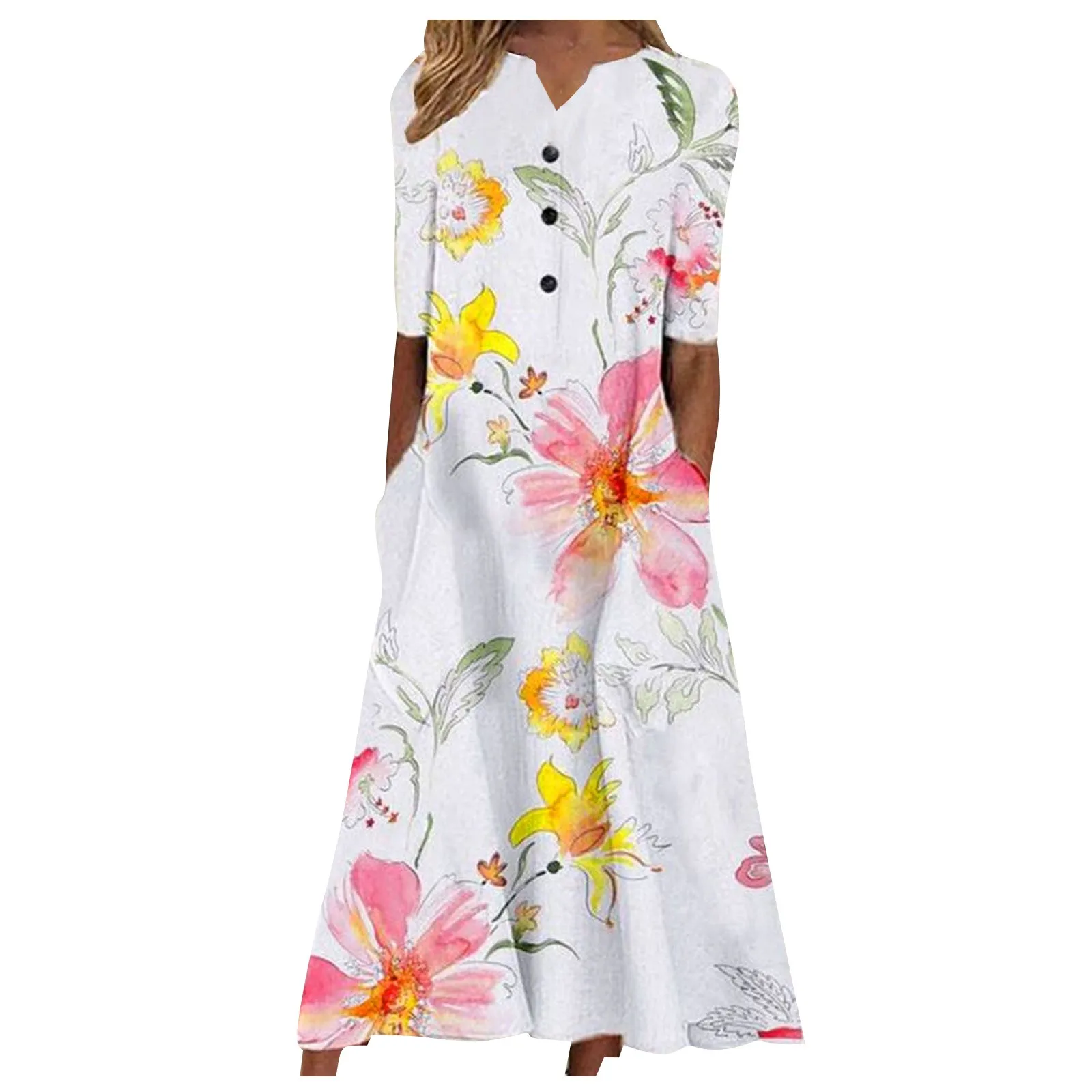 

Женское повседневное однотонное платье на пуговицах с принтом, маленькое свободное платье с V-образным вырезом и коротким рукавом, платья д...