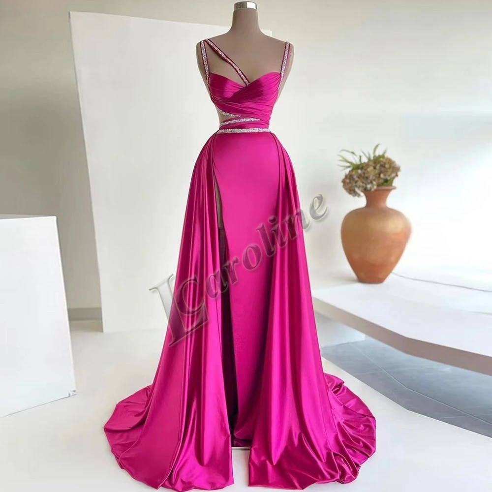 

Caroline Hot Pink Sexy Simple Crystals Evening Party For Women Sleeveless A-line Side Slit Prom Gowns Customised Robes De Soirée
