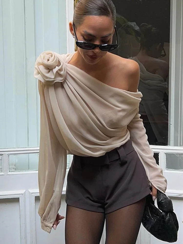 Женская Асимметричная блузка ByeMyLove укороченная абрикосового цвета с открытыми