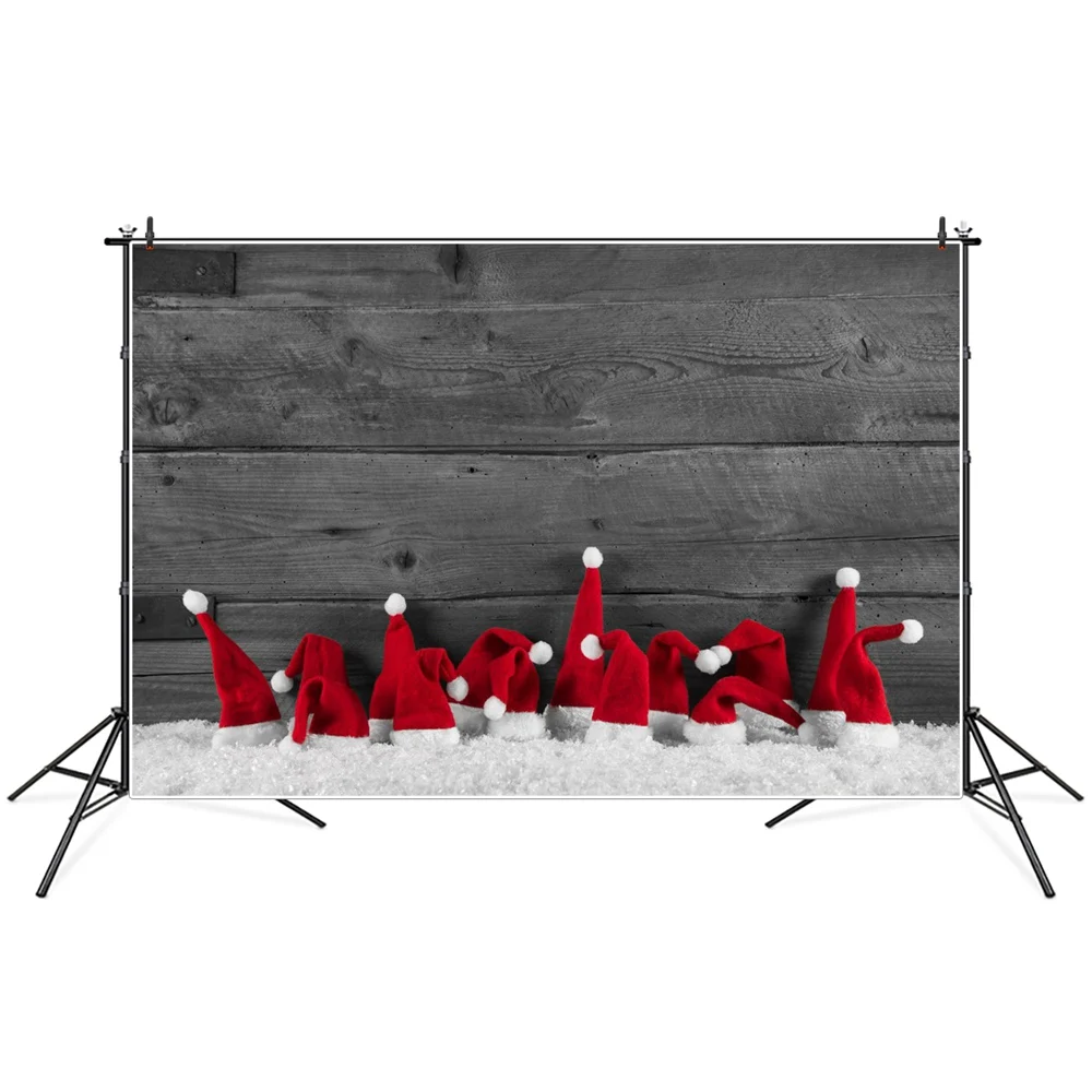 

Red Christmas Hat Snow Floor Wooden Planks Photography Backdrops Custom Baby Party Decoration Photobooth Photo Backgrounds Props