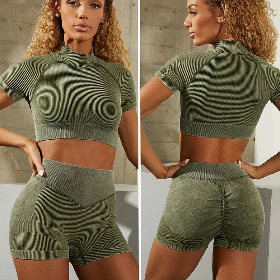 

2022 High Neck Crop Tops Seamless Yoga Set Long Sleeve High Waist Scrunch Leggings Workout Sport Fitness Women Athletec Suits