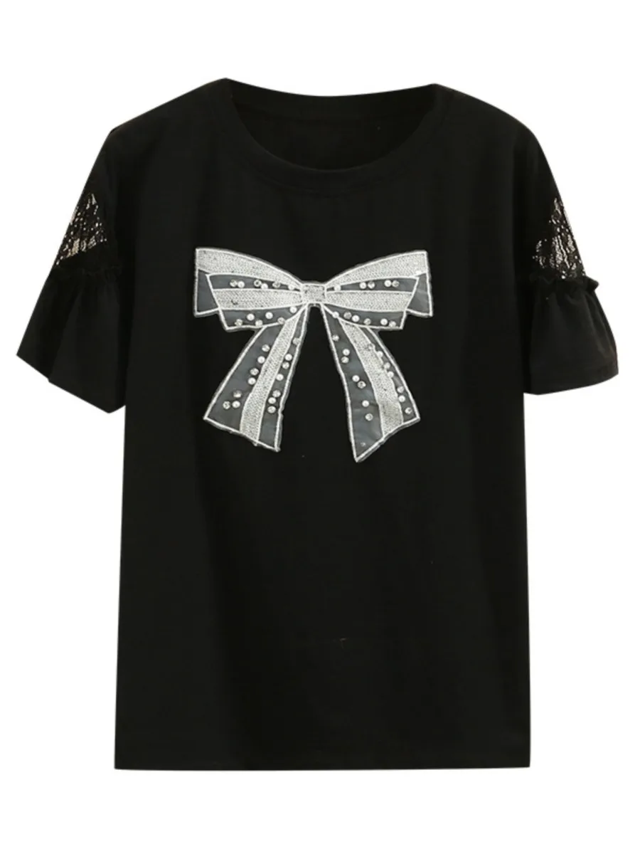 

Plus Size T-Shirt For Women Clothing Cotton Fashion Sweet Bow Diamonds 2022 Summer Tees Lace Flare Sleeve Solid Color Tops