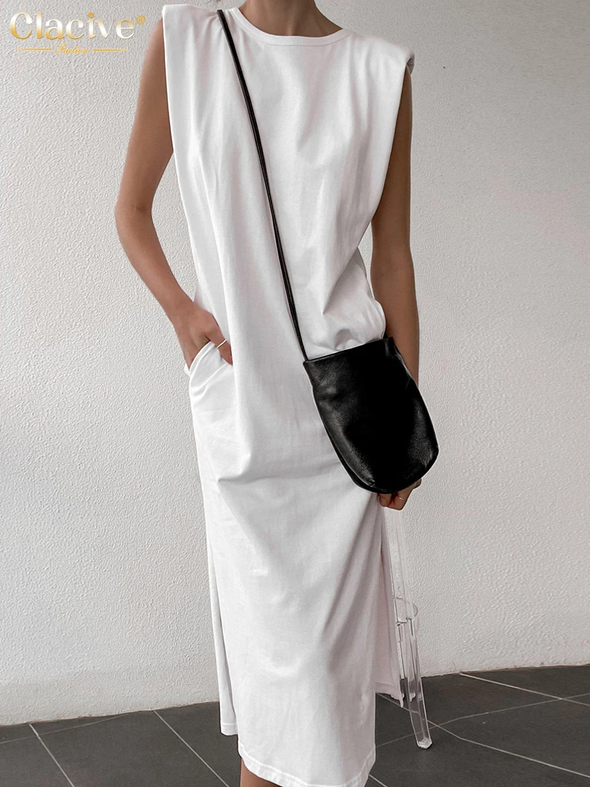 

Clacive Fashion O-Neck White Dress Woman Summer Elegant Shoulder Pad Sleeveless Office Midi Dresses Casual Slit Female Dress